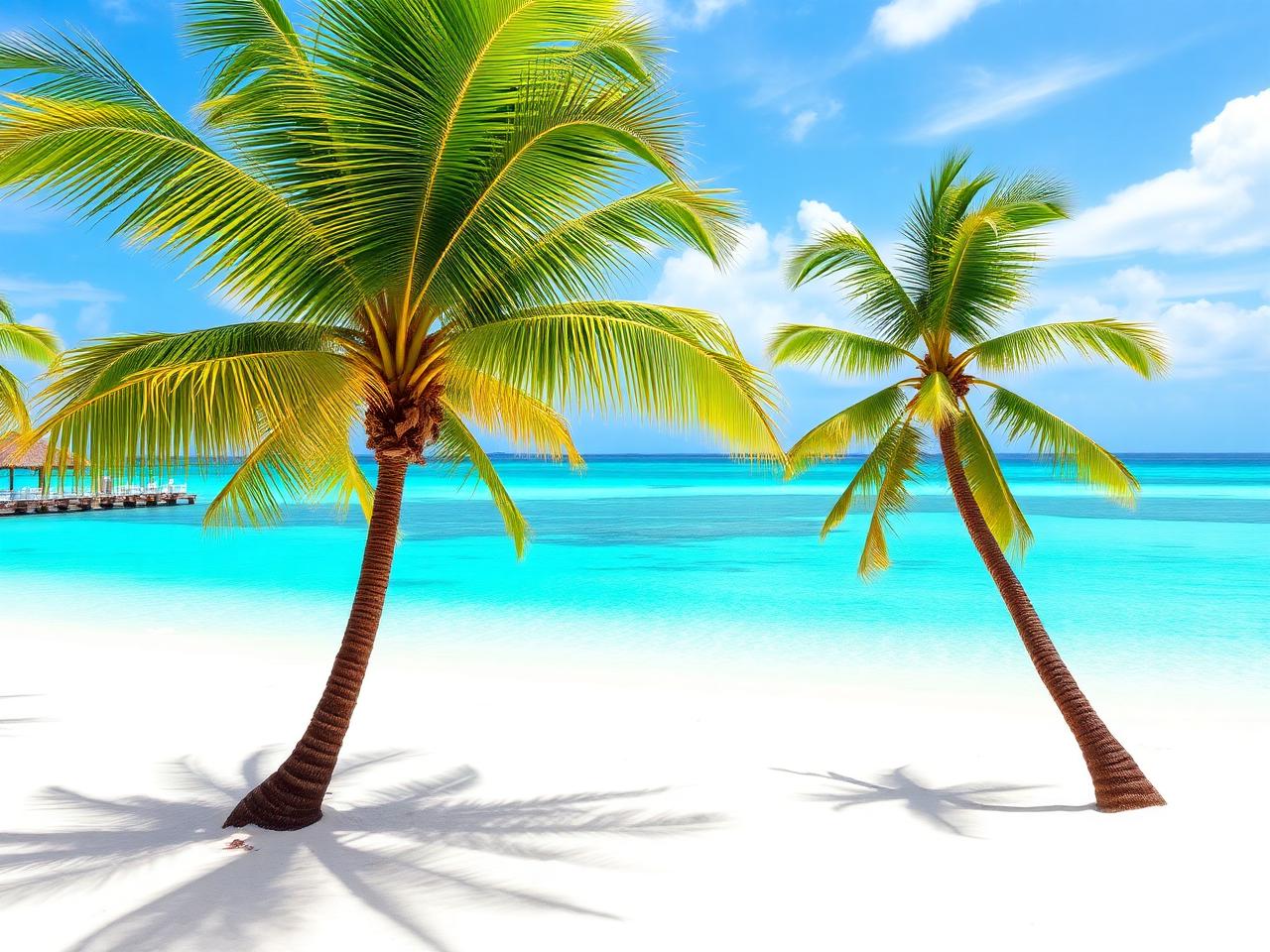 Palm trees leaning over the turquoise shallows at Kurumba House