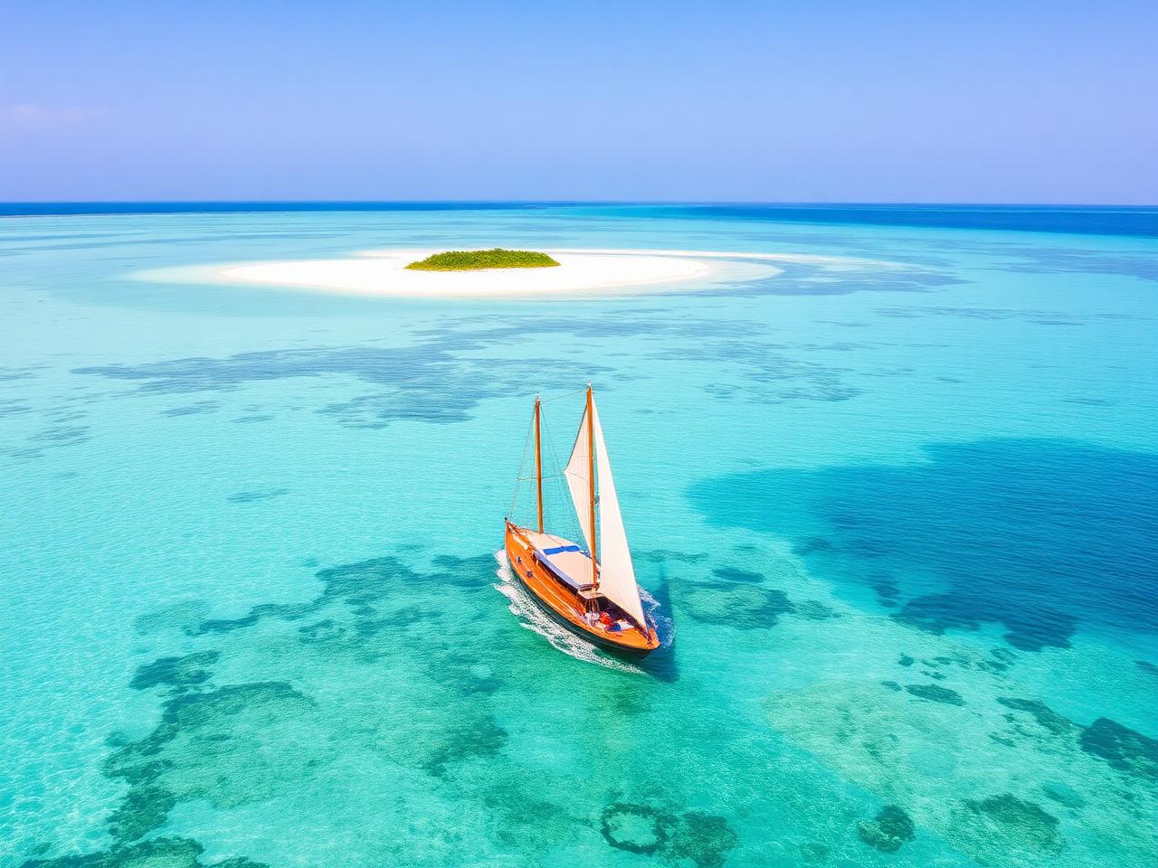 Traditional Maldivian dhoni sailing past a sandbank