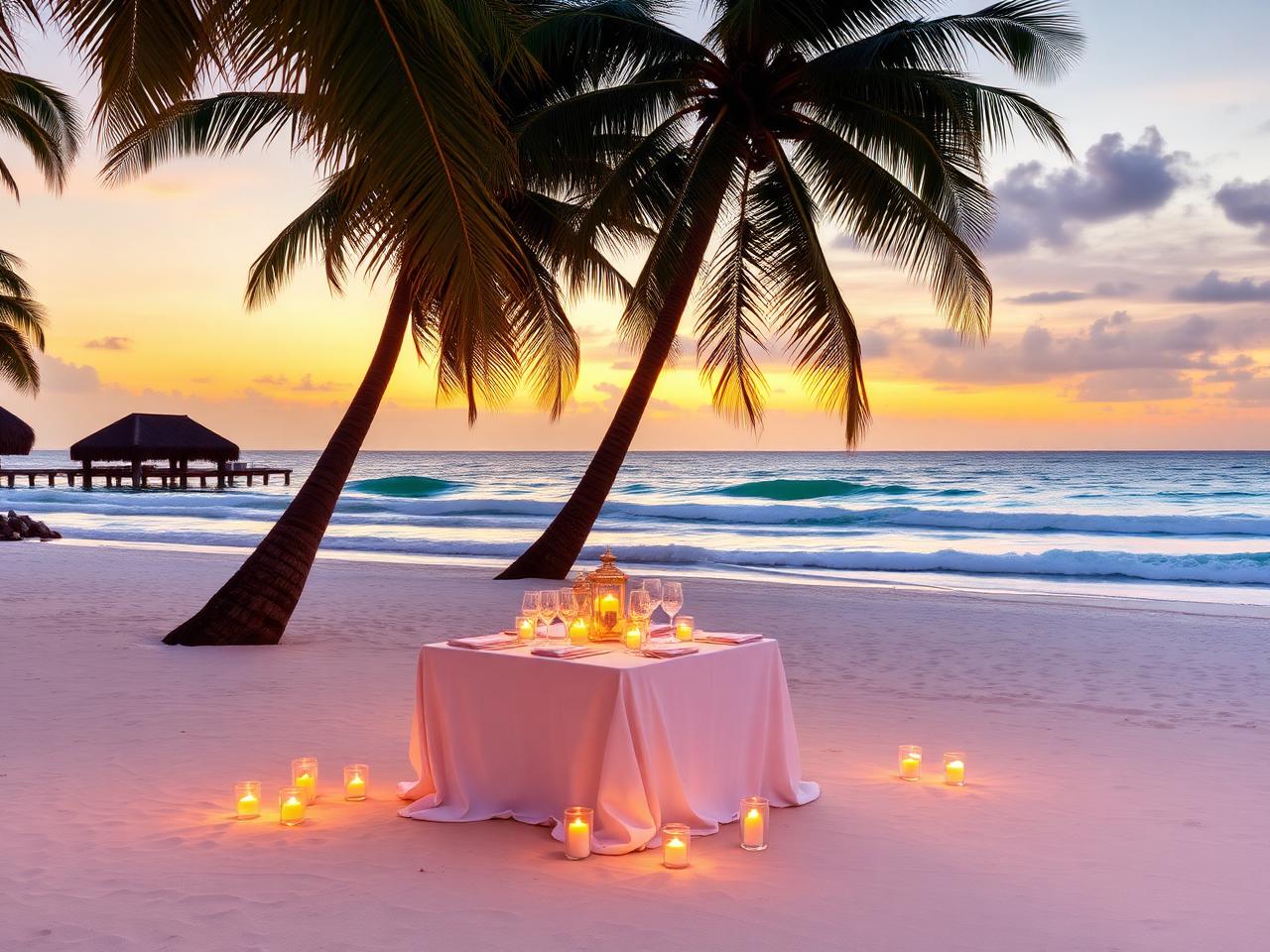 Candlelit dinner table set on the beach at sunset