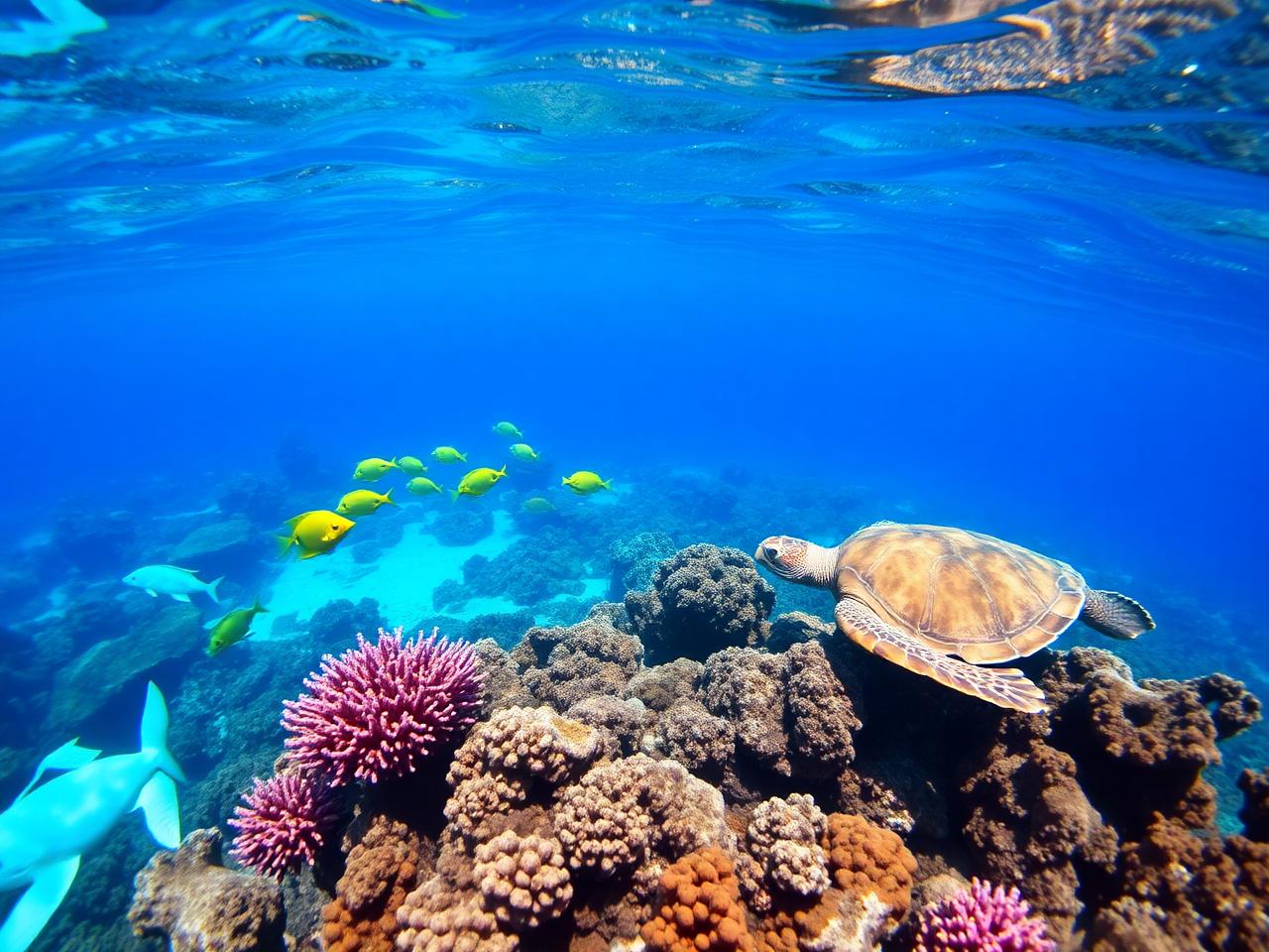Sea turtle and reef fish on the Dhigurah house reef