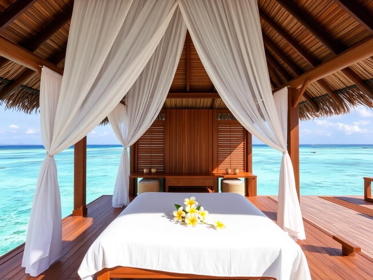 Open-air spa pavilion overlooking the lagoon